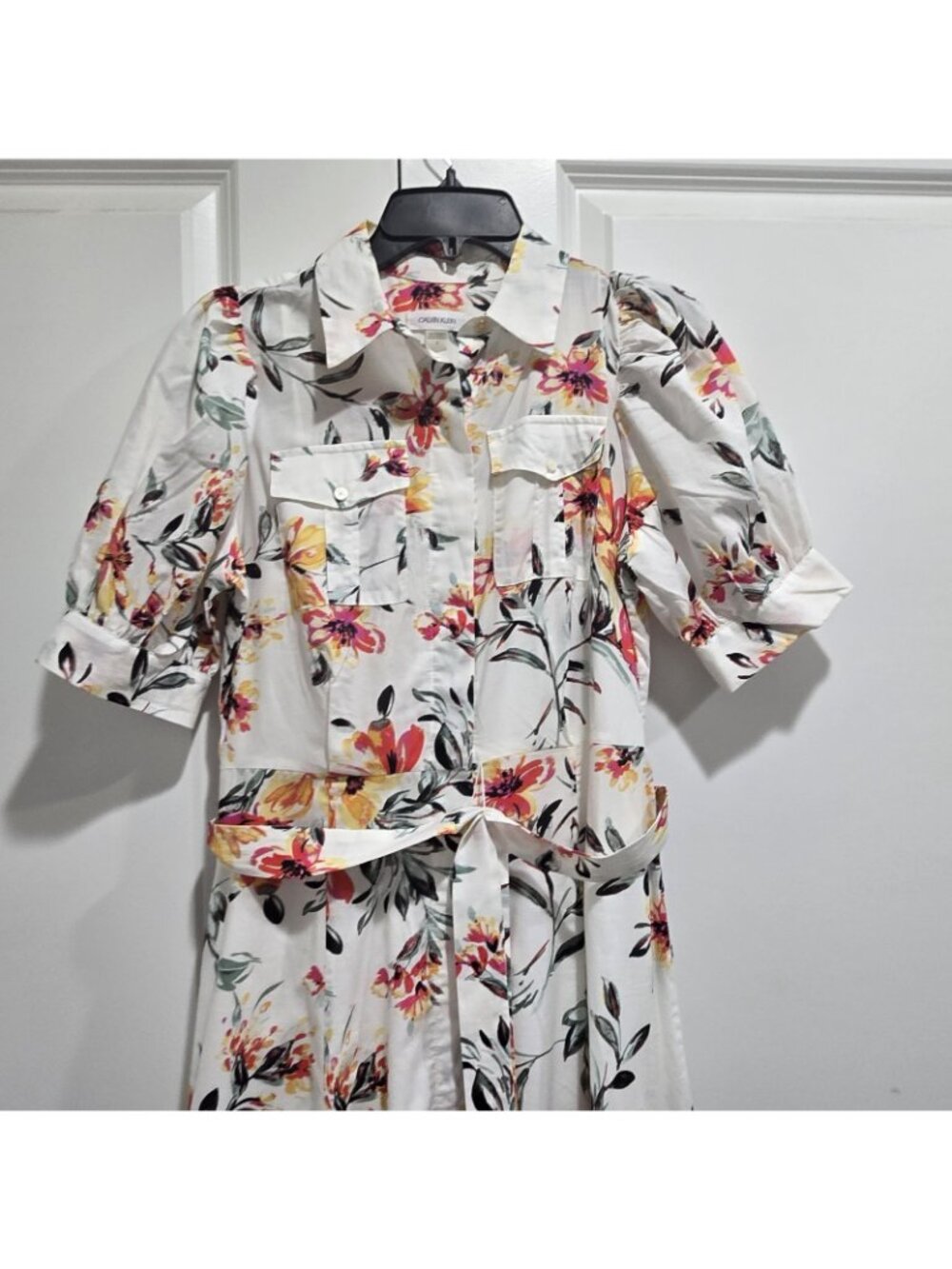 Calvin Klein - 2 Floral Midi Shirt Dress Cotton Belted Puff Sleeve Chest Pockets - Picture 3 of 11